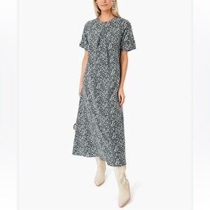 Mirth Athens Handmade Cotton Block Print A-Line Midi Dress in Forest Size XS